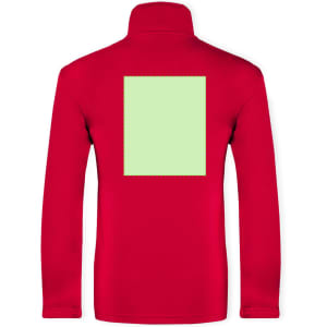A red technical jacket featuring a blank green square on the back and a high collar, with branding visible.