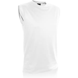 A white adult sleeveless T-shirt featuring a round neckline and a logo.