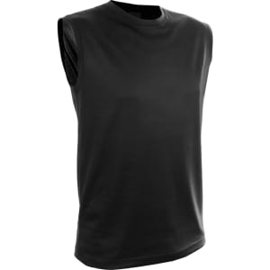 A black sleeveless adult t-shirt with a simple design and no visible branding.