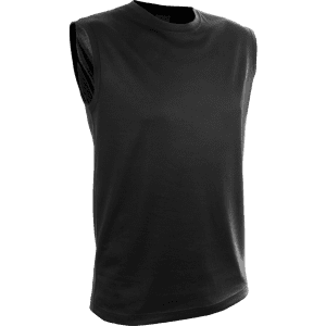 A black sleeveless adult t-shirt featuring a smooth fabric and an understated design.