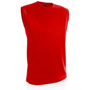 A red adult sleeveless T-shirt with a round neckline and a logo on the front.