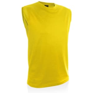 A yellow, sleeveless adult t-shirt displayed on a white background, featuring a logo.