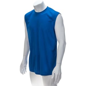 A blue sleeveless adult t-shirt displayed on a mannequin, featuring simple design and a logo.