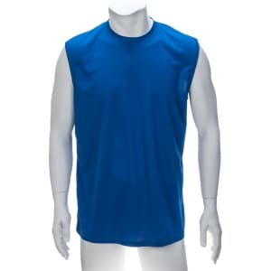 A blue adult t-shirt displayed on a mannequin, featuring a sleeveless design and a smooth fabric texture.