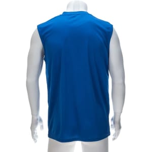A blue adult t-shirt displayed on a mannequin, featuring a sleeveless design and a branding logo.