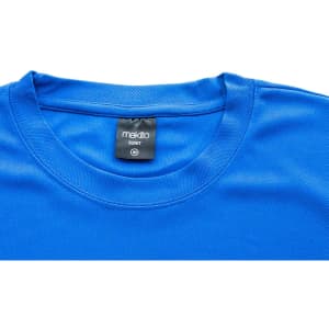 A bright blue adult T-shirt with a round neckline and a logo tag at the collar.