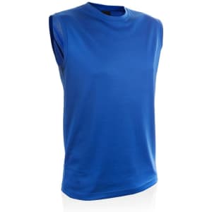 A blue sleeveless adult t-shirt featuring a logo, showcasing a simple and clean design.