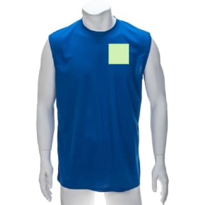 A blue adult T-shirt with a sleeveless design and a blank green square on the front.