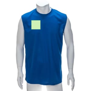 A sleeveless adult t-shirt in bright blue featuring a green square patch. The shirt has a logo on it.