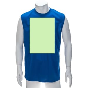 A sleeveless adult T-shirt in blue, featuring a blank green area for custom designs.