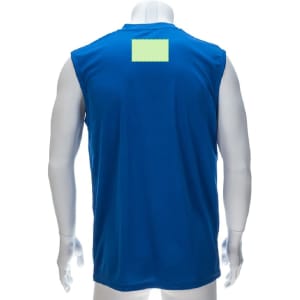 A blue adult T-shirt with a sleeveless design and a blank patch on the upper back.