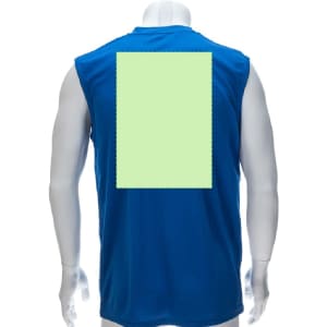 A blue adult T-shirt displayed on a mannequin, featuring a blank area on the back for customisation.