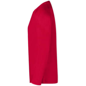 A red adult T-shirt featuring long sleeves and a side view design. It has a logo on it.