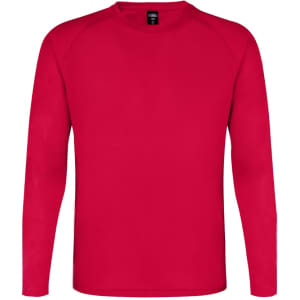 A red long-sleeved adult t-shirt with a crew neck and a logo on the label.