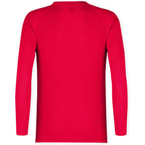 A red long-sleeve adult t-shirt with a plain back and a logo on the neckline.