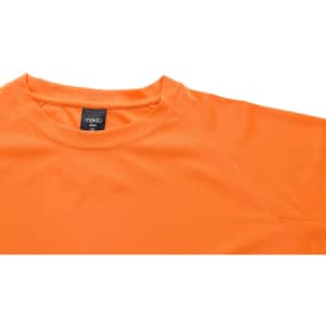 An orange adult T-shirt with a crew neck and a logo on the label. The fabric appears smooth and lightweight.