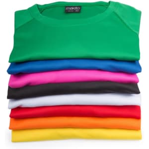 A stack of adult T-shirts in various colours, including green, blue, pink, black, white, and orange, with a logo.