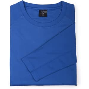 A blue adult T-shirt neatly folded, featuring a branded label.