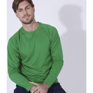 A green long-sleeve T-shirt displayed on a model sitting down. The shirt features a logo on the chest area.