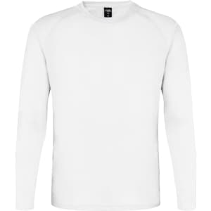 A white long-sleeve adult T-shirt with a tag and a simple design. It features a logo on the label.