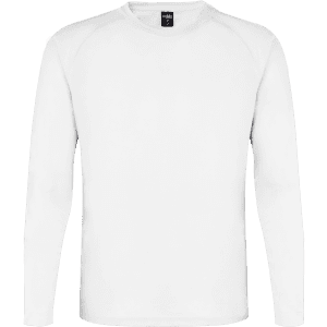 A white long-sleeve adult T-shirt with a round neck and a logo on the label.