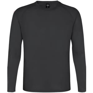 A black long-sleeve T-shirt with a logo, featuring a simple design and raglan sleeves.