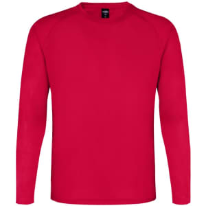 A red long-sleeve adult T-shirt featuring a crew neck and a logo on the label.