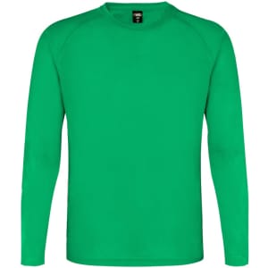A long-sleeve adult T-shirt in bright green, featuring a round neckline and a brand logo.
