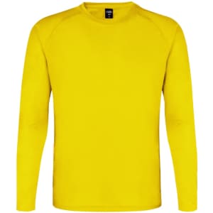 A yellow long-sleeve adult T-shirt with a round neckline and a logo on the label.