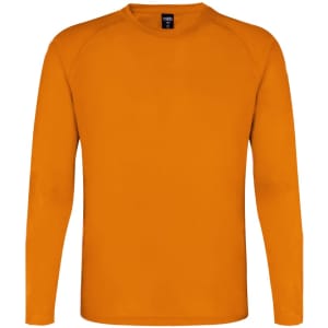 An orange long-sleeved adult T-shirt with a simple design and a logo on the label.