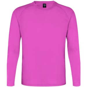 A long-sleeve adult T-shirt in bright pink with a rounded neckline and a logo on the label.