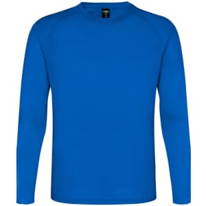 A blue long-sleeve adult T-shirt with a simple design and a logo on the tag.