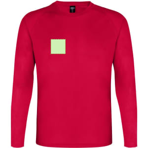 A red long-sleeve adult t-shirt featuring a small green square patch and a logo.
