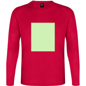 A red adult T-shirt featuring a plain green square in the centre. The shirt has long sleeves and a crew neckline.