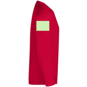 A red adult T-shirt with long sleeves and a patch on the arm, featuring a blank area.