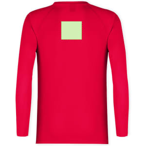 A red long-sleeve T-shirt featuring a square patch on the back and a logo.