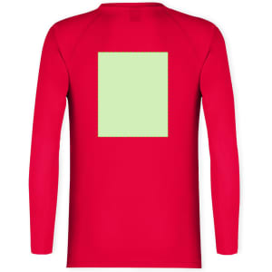 A red long-sleeve adult T-shirt featuring a plain green square on the back and a logo on the front.