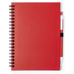 A red spiral-bound notebook with a matching pen attached by an elastic band.