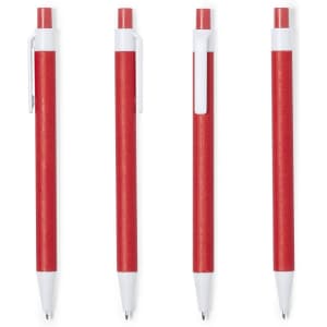 Four red pens with white accents and clips, arranged in a row. Each pen has a sleek design.