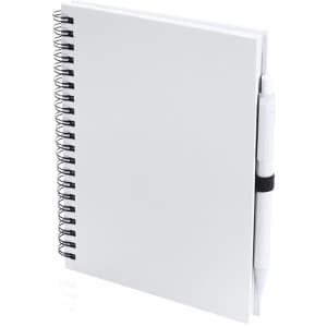 A spiral-bound notebook with a plain white cover and a pen attached by an elastic band.