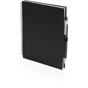 A black spiral-bound notebook with a black pen attached, featuring a simple design.
