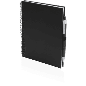 A black spiral-bound notebook with a pen attached, featuring a sleek and minimalist design.