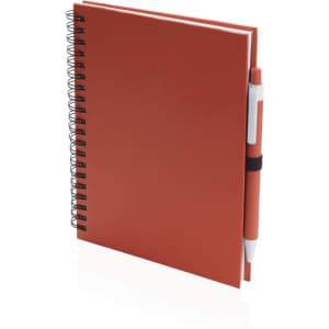 A red spiral-bound notebook with a white pen attached to an elastic band. It features a simple design and is blank.