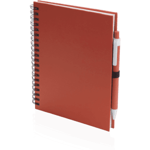 A spiral-bound notebook in bright red with a matching pen secured in an elastic holder.