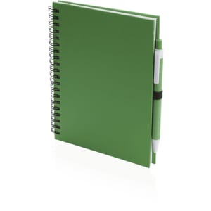 A green spiral notebook with a matching pen attached by a black elastic band.
