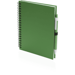 A green spiral-bound notebook with a matching pen attached. Features a logo on the cover.