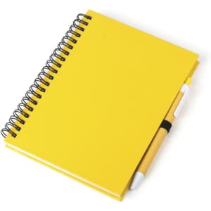 A yellow spiral notebook accompanied by a yellow and white pen, featuring a sleek design.