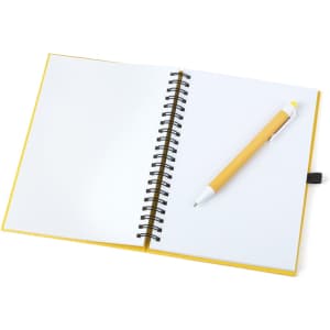 A spiral-bound notebook with white pages and a yellow cover, accompanied by a yellow pen.