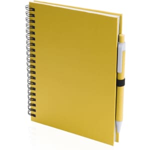 A yellow spiral-bound notebook with a matching pen attached. The notebook features a simple design and a logo.