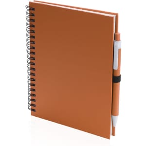 An orange spiral-bound notebook with a white pen attached, featuring a simple design and a sleek finish.